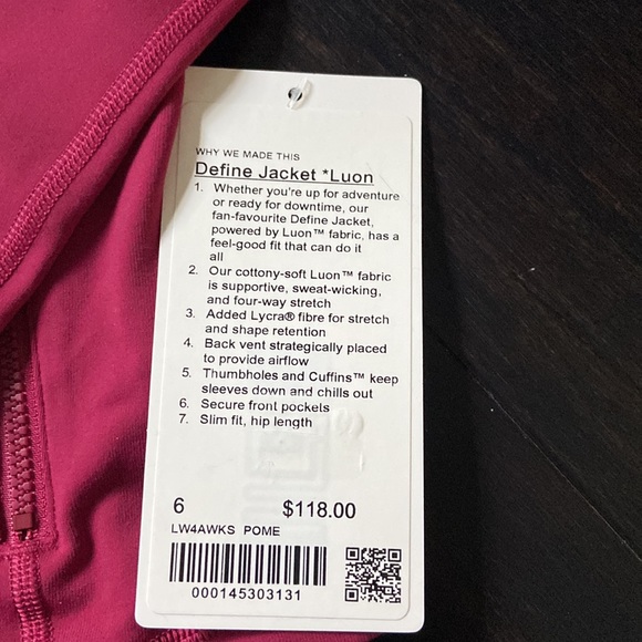 LULULEMON DEFINE JACKET *LUON IN POMEGRANATE (POME) SZ 6 NWT - Picture 8 of 9